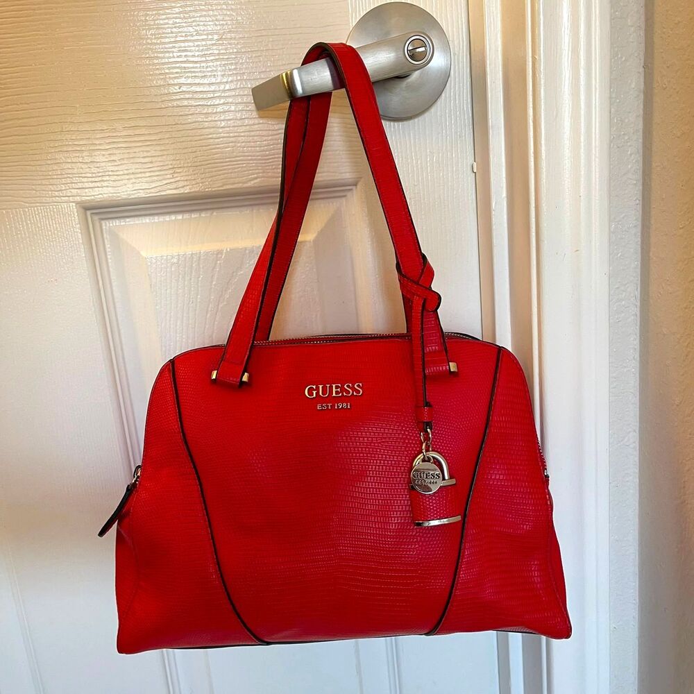 GUESS Est 1981 Red Lizard Embossed Satchel Handbag Shoulder Bag Lock Charm - Picture 2 of 10
